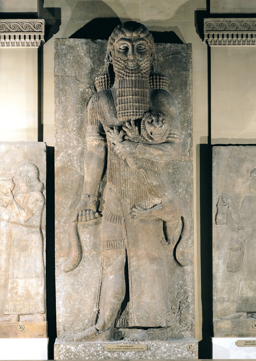 Helten Gilgamesh holder en løve, som han har fanget, stenrelief fra Sargon II-paladset i Khorsabad (Irak), ca. 725 f.Kr. (gips) af Assyrian School