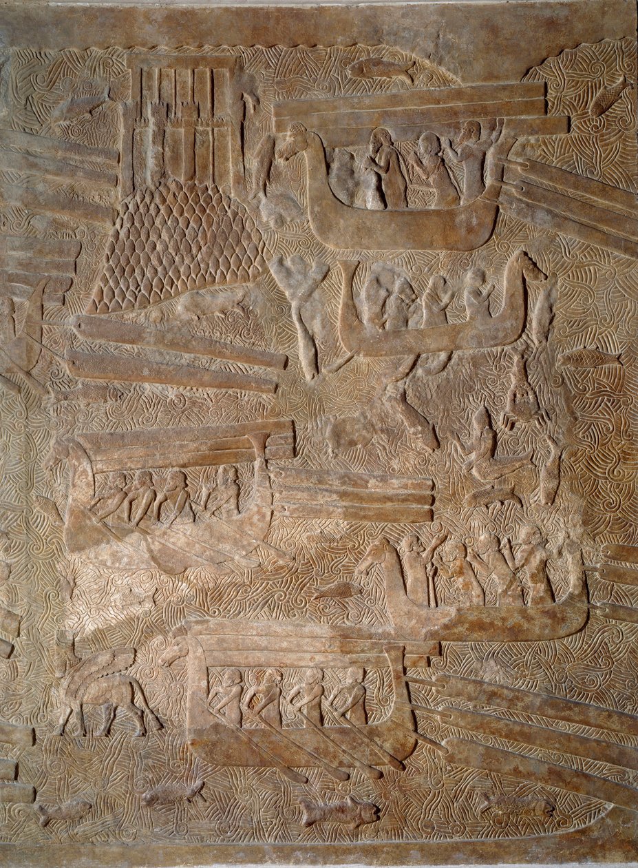 Art Mesopotamia (Assyrien): gårdhave til paladset for kongen af Assyrien Sargon II (721 - 705 f.Kr.) transport af cedertræ fra Libanon. Paris, Musée du Louvre af Assyrian