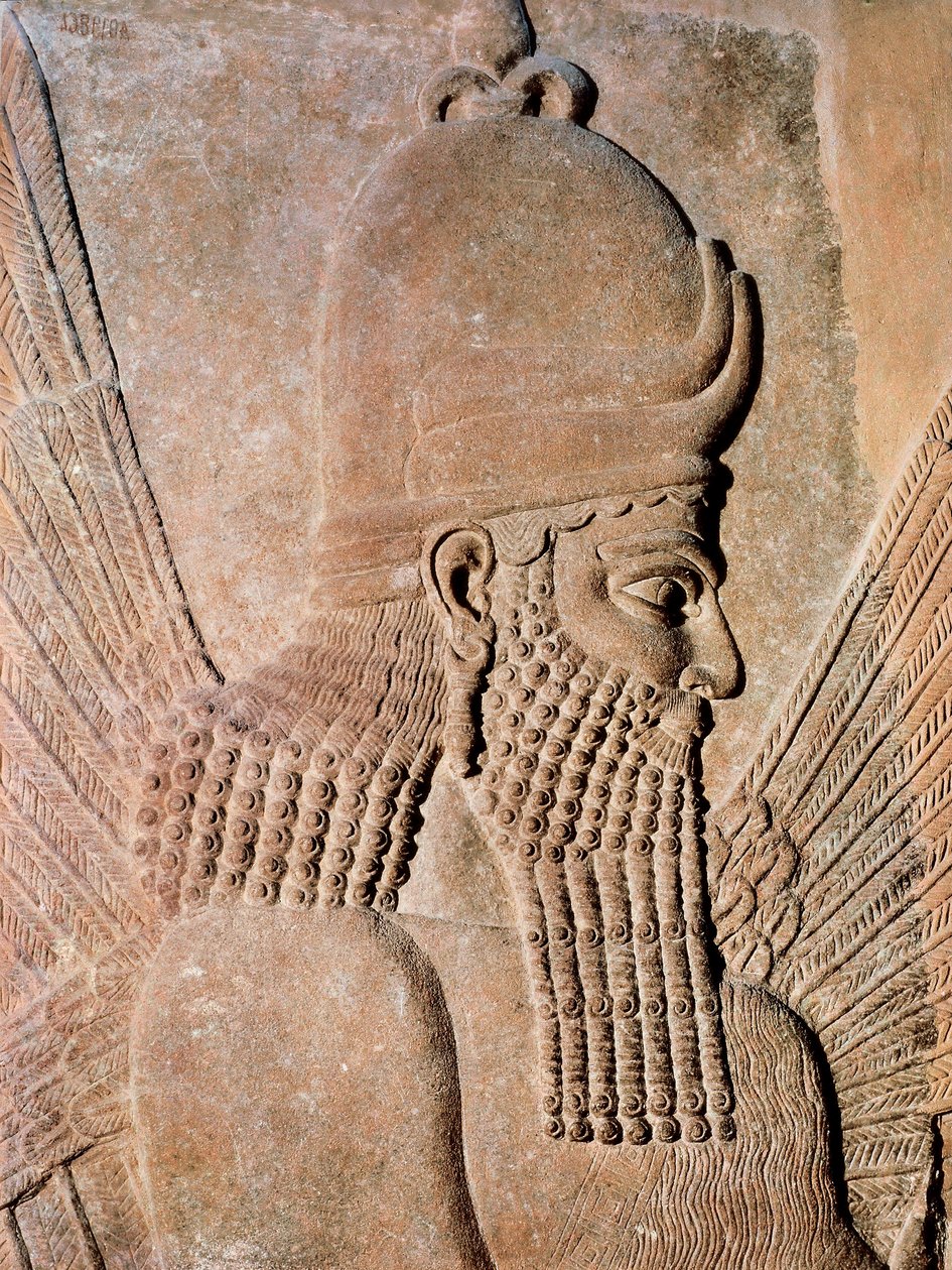 Detalje af et alabastrelief, der repræsenterer en beskyttende fløjgenie, fra Palace of Sargon II (Dur Sharrukin), konge af Assyrien i Khorsabad, Irak. 722-705 f.Kr. (alabastrelief) af Assyrian