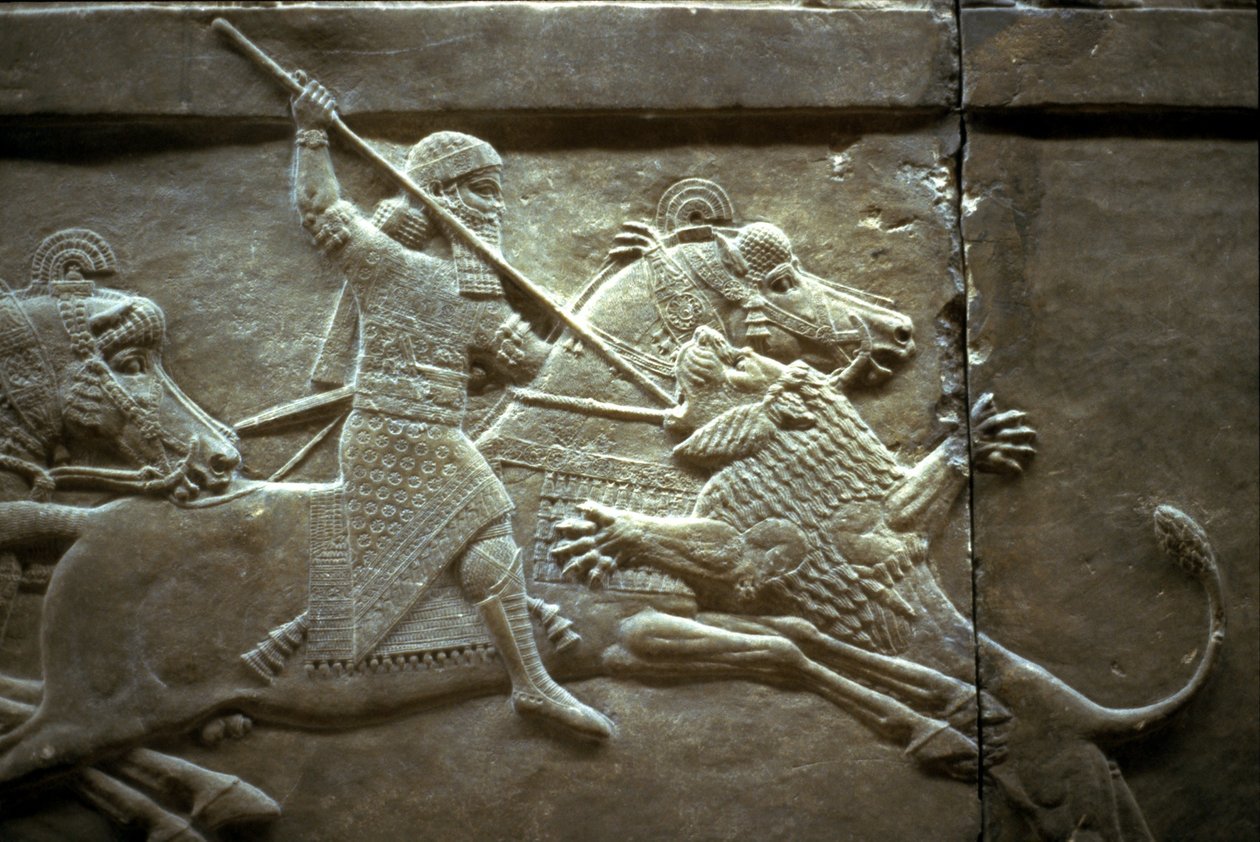Kong Ashurnasirpal II under en kongelig løvejagt, 650-620 f.Kr af Assyrian