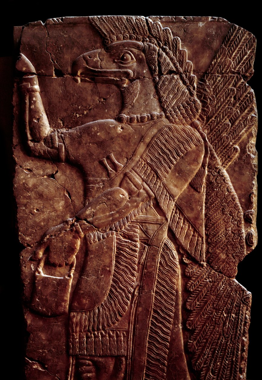 Orientalske antikviteter: detalje af et albasterrelief, der repræsenterer en ånds beskyttende vinge med en mands krop og ørnehoved, fra Palace of Sargon II eller Sharroukin, konge af Assyrien til Dur-Sharrukin (nuværende Khorsabad (Khunsabad) (Mesopotamien af Assyrian
