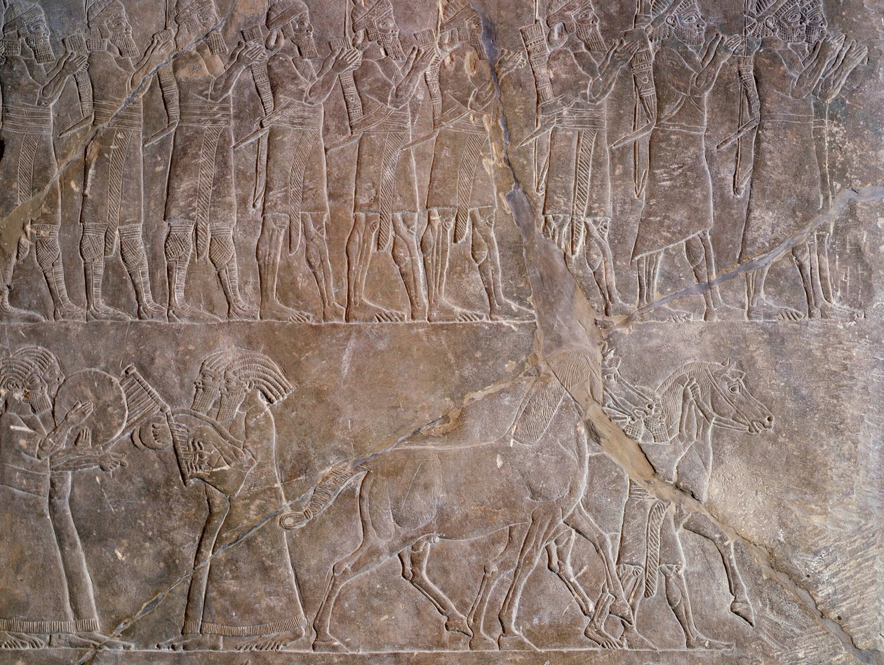 Orientalsk antikvitet: detalje af et basrelief i kalksten: musikerne fra Assurbanipals eller Ashurbanipals rustning, konge af Assyrien (Mesopotamien) (669 f.Kr.-627 f.Kr.). 640 f.Kr. Fra Nineve. Paris, Louvre-museet af Assyrian