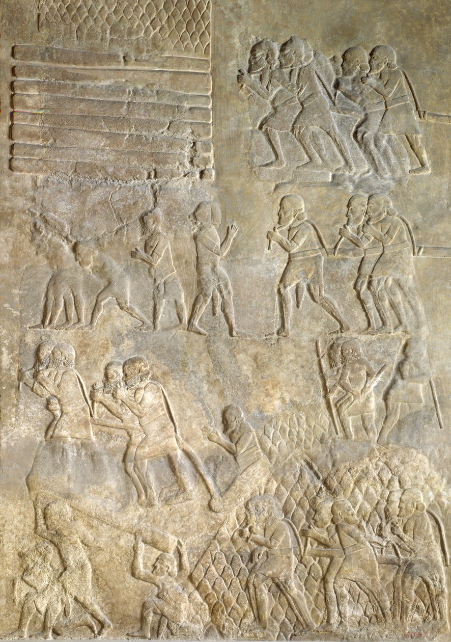 Relief forestillende portører, der bringer træ til kysten til søtransport. fra Palace of Sargon II, Khorsabad, Irak af Assyrian