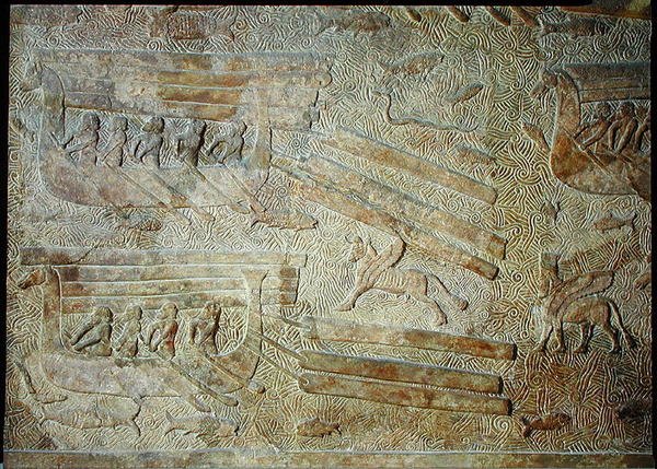 Relief, der viser skibe, der transporterer træ, fra Palace of Sargon II, Khorsabad, Irak af Assyrian