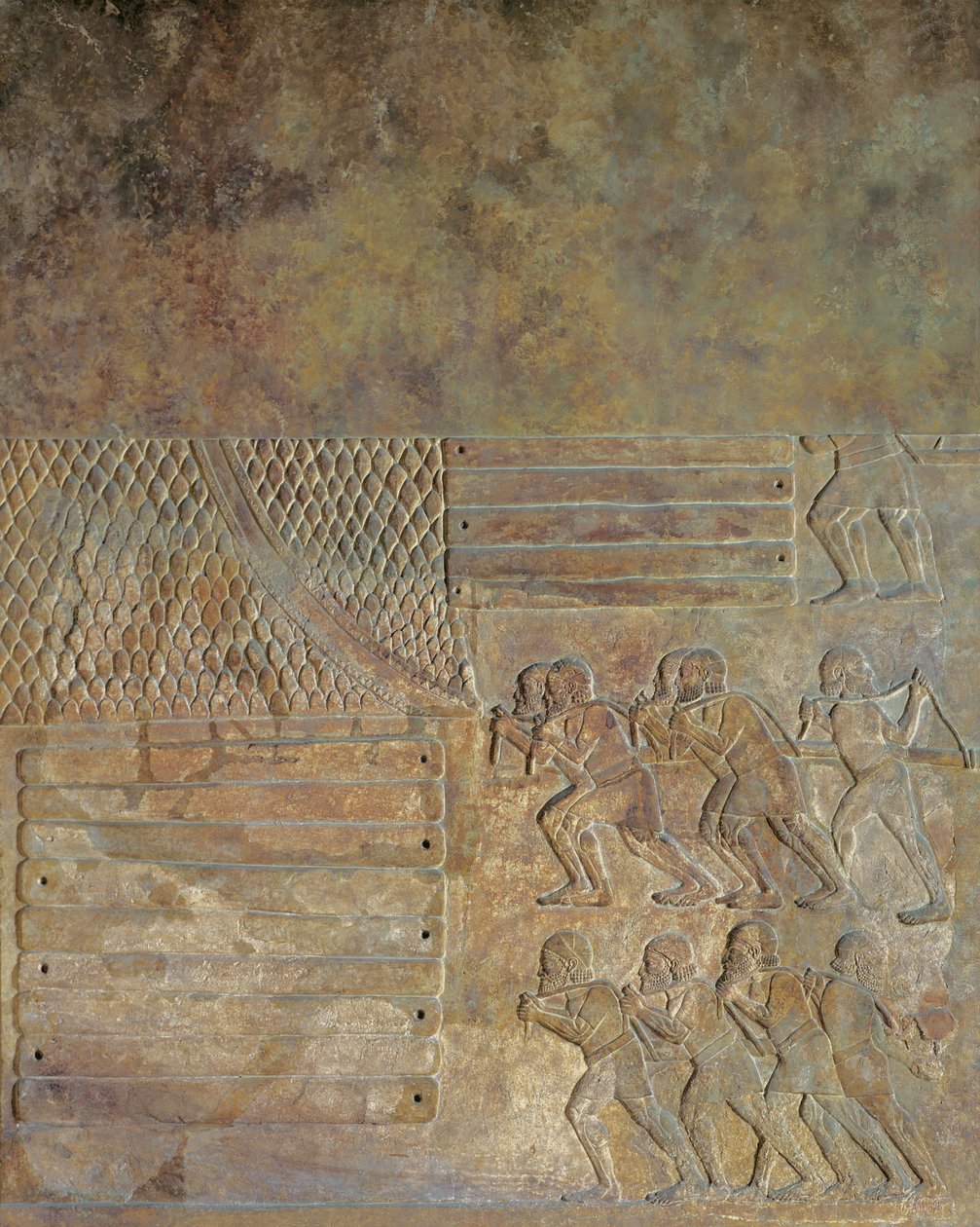 Relief, der viser oplagring af træ på kysten før transport ad søvejen, fra Sargon II