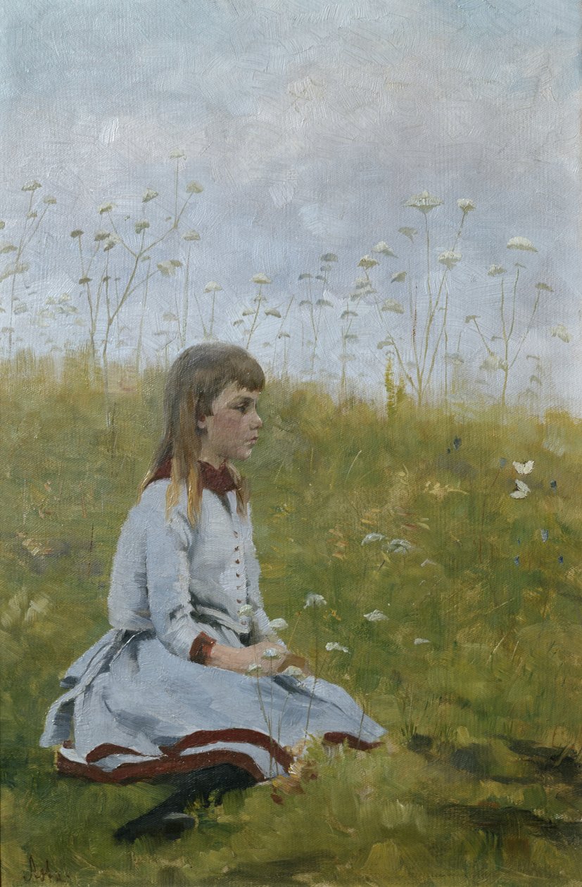 Pige i en blomstereng, ca. 1885 (olie på lærred) af Asta Nørregaard