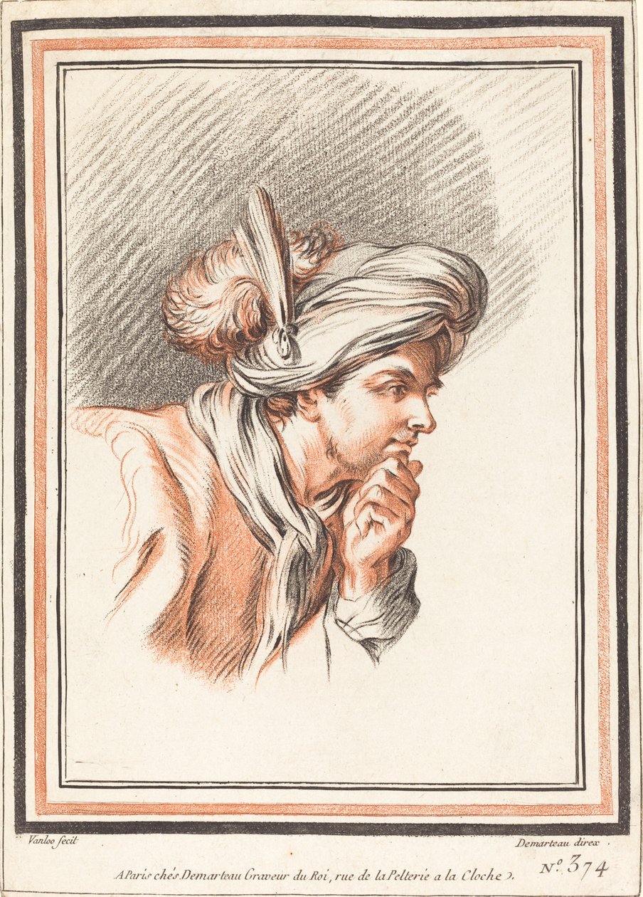 Hovedet af en mand iført en plymeret turban af Atelier of Gilles Demarteau the Elder after Carle Van Loo