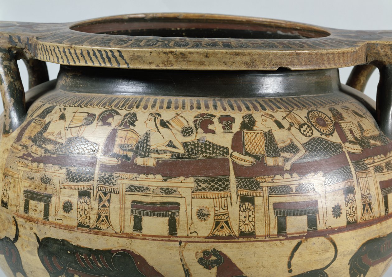 Detalje af et korintisk krater med en banketscene, ca. 590-575 f.Kr. (keramik) af Athana Painter