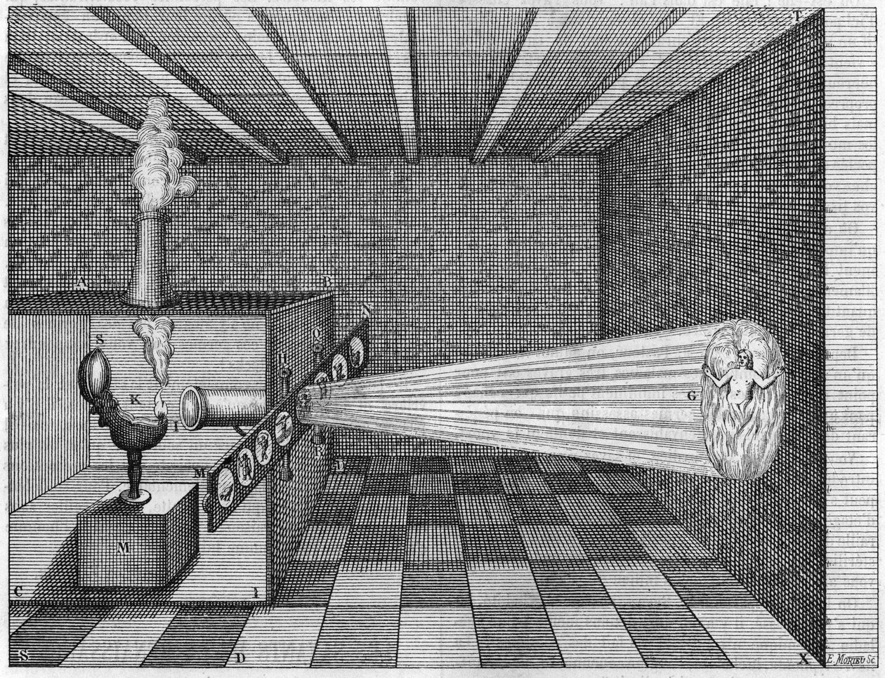En camera obscura (Magic Lantern) projicerer billedet af en mand, der brænder i helvede - (Magisk lanterne. Fader Kirchers magiske lanterne. Tidlig lanterne diasprojektor) I "" Ars Magna Lucis Et Umbrae"" af Athanasius Kircher af Athanasius Kircher