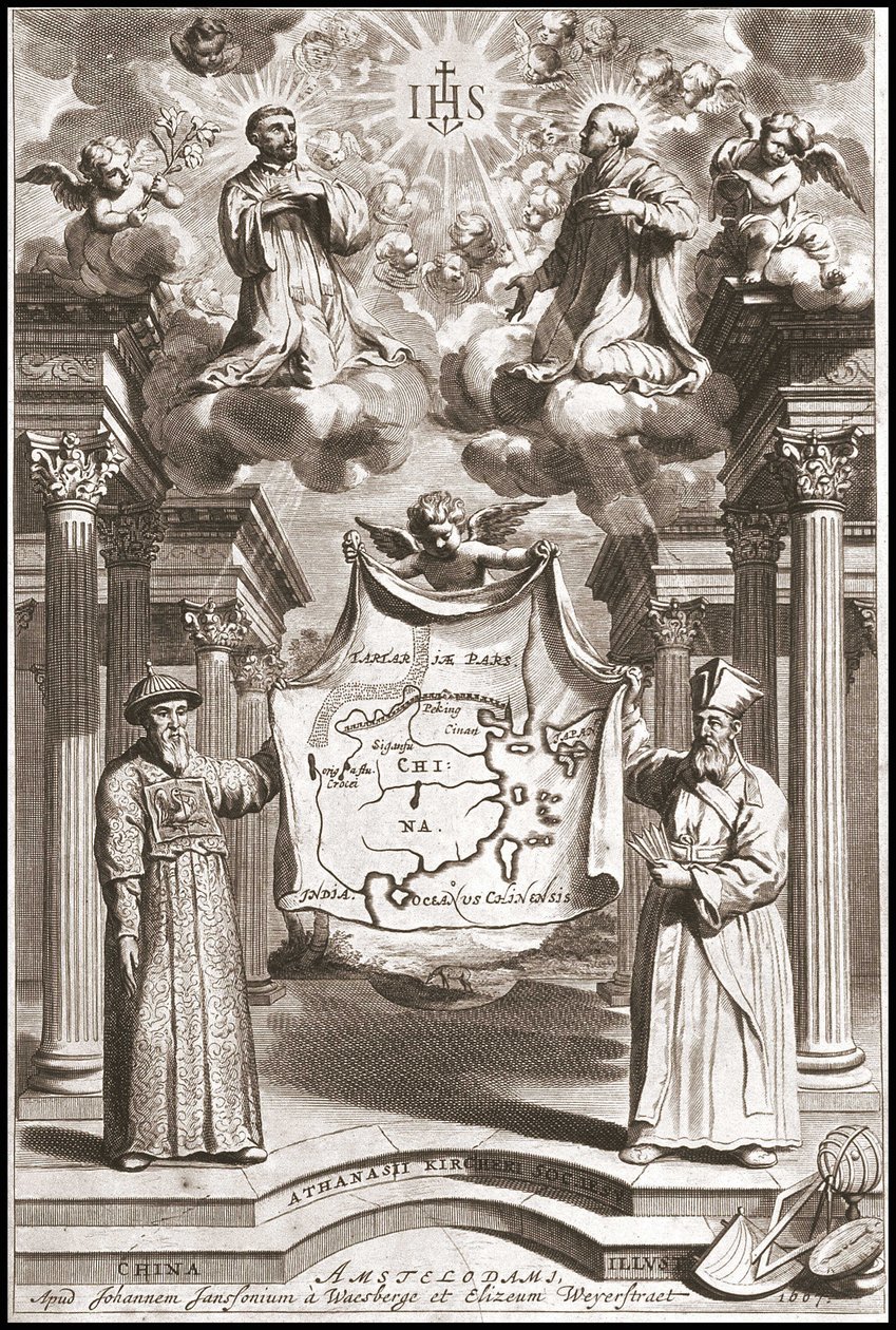 Adam Schall (til venstre) og Matteo Ricci (til højre) i kinesisk mandarin-kostume, frontispice af "Kina" af Athanase Kircher (eller Athanasius Kircheri) af Athanasius Kircher