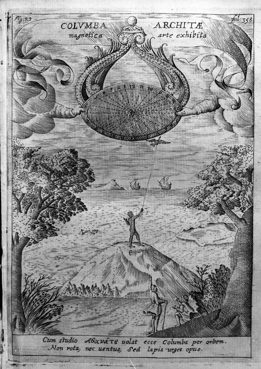 Archytas fra Taranto (435-347 f.Kr.) flyver med en trædue. Indgravering fra "Mundus Subterraneus" af Athanasius Kircher (1601-1680), jesuite, orientalist og lærd. af Athanasius Kircher