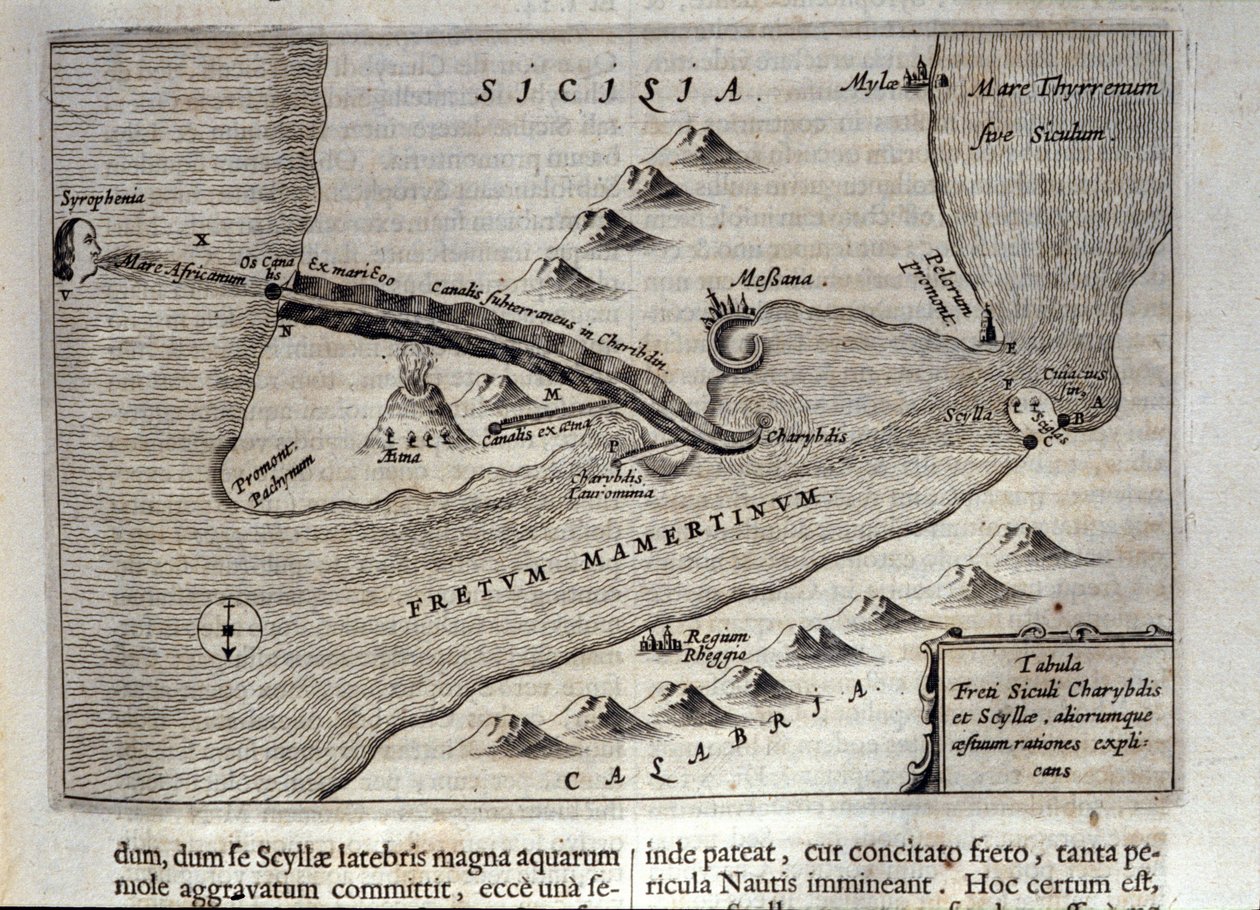 Kartografisk repræsentation af Charybde"" og "Scylla"" i Detroit of Messina, Sicilien""" Indgravering fra "Mundus Subterraneus"" af Athanasius Kircher (1601-1680), jesuite, orientalist og lærd 1682 af Athanasius Kircher
