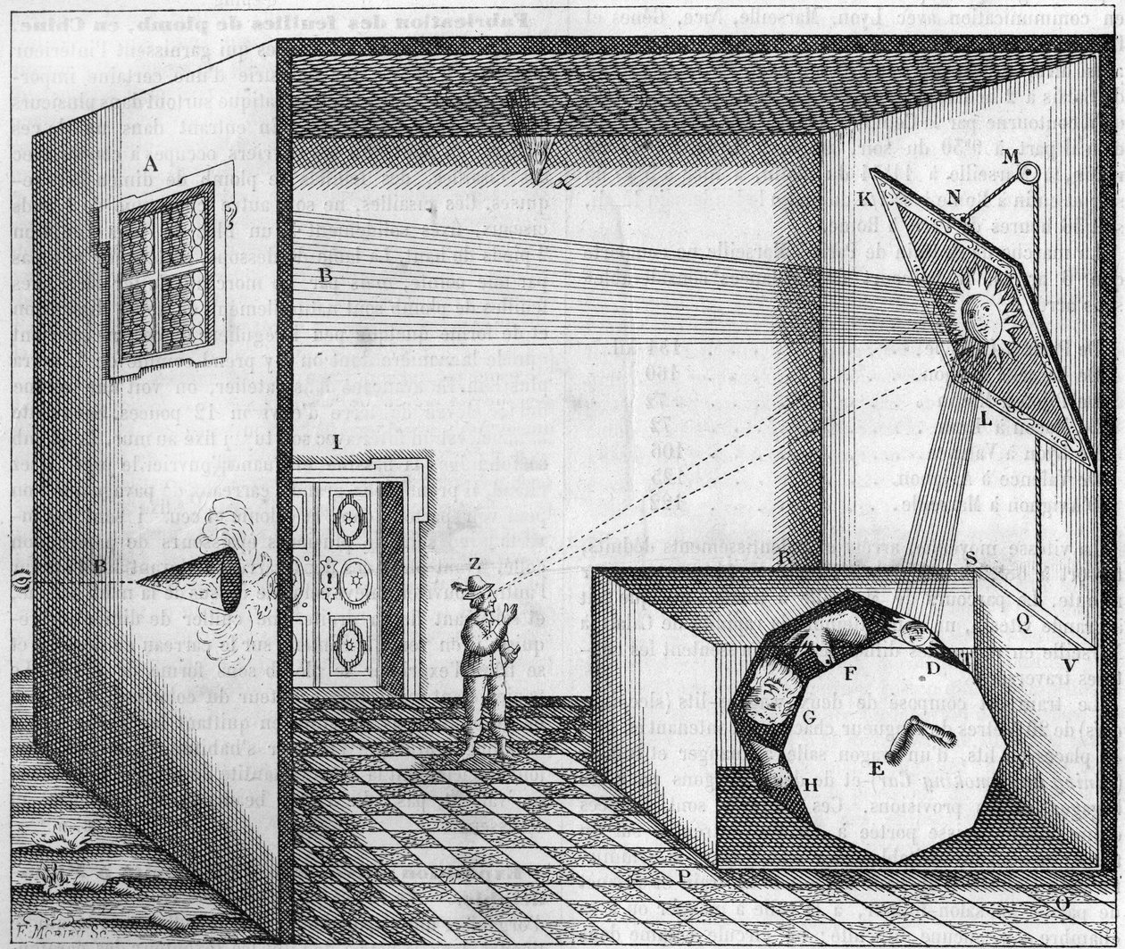 Fader Kirchers katoptriske maskine - Maskine, hvorved en mand, der ser på et flyspejl, ser ansigtet på et æsel, en okse eller et hvilket som helst andet dyr - I "Ars Magna Lucis Et Umbrae"" af Athanasius Kircher af Athanasius Kircher