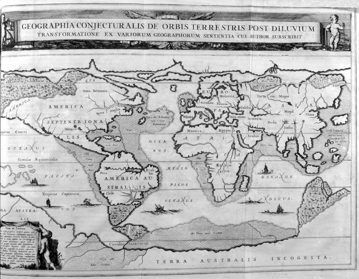 Geografisk kort over verden efter syndfloden, 1675 af Athanasius Kircher