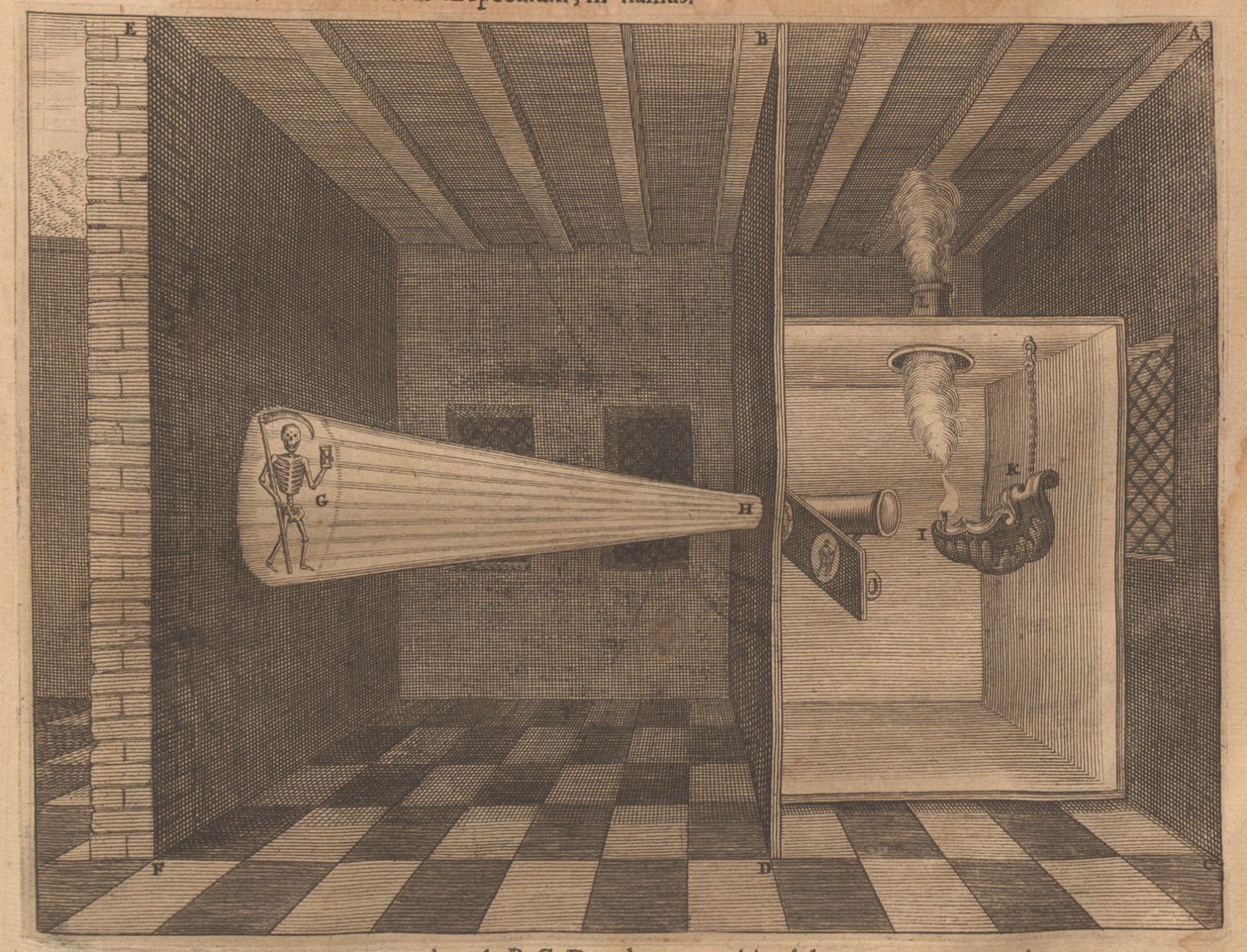 Magisk lanterne, der viser Døden fra Ars Magna Lucis, 1671. af Athanasius Kircher