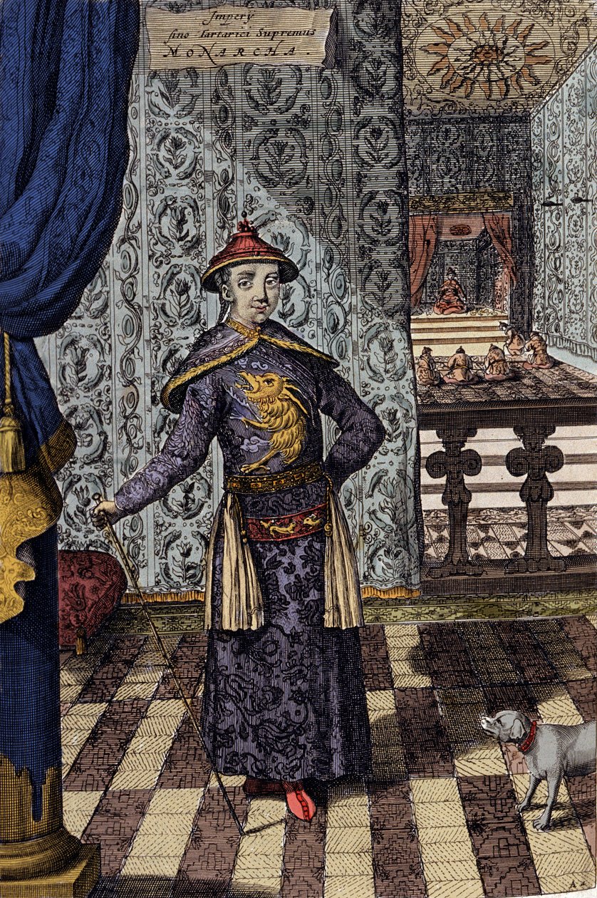 Den kinesiske kejser og tatarernes øverste hersker - kinesisk kejser Kangxi (1652-1722) Qing-dynastiet, gravering af Athanasius Kircher (1601-1680) fra "" China Monumentis, qua sacris qua profanis""" 1667 - kinesisk kejser52xi (1601-1680) -1722) Qing-dynas af Athanasius Kircher