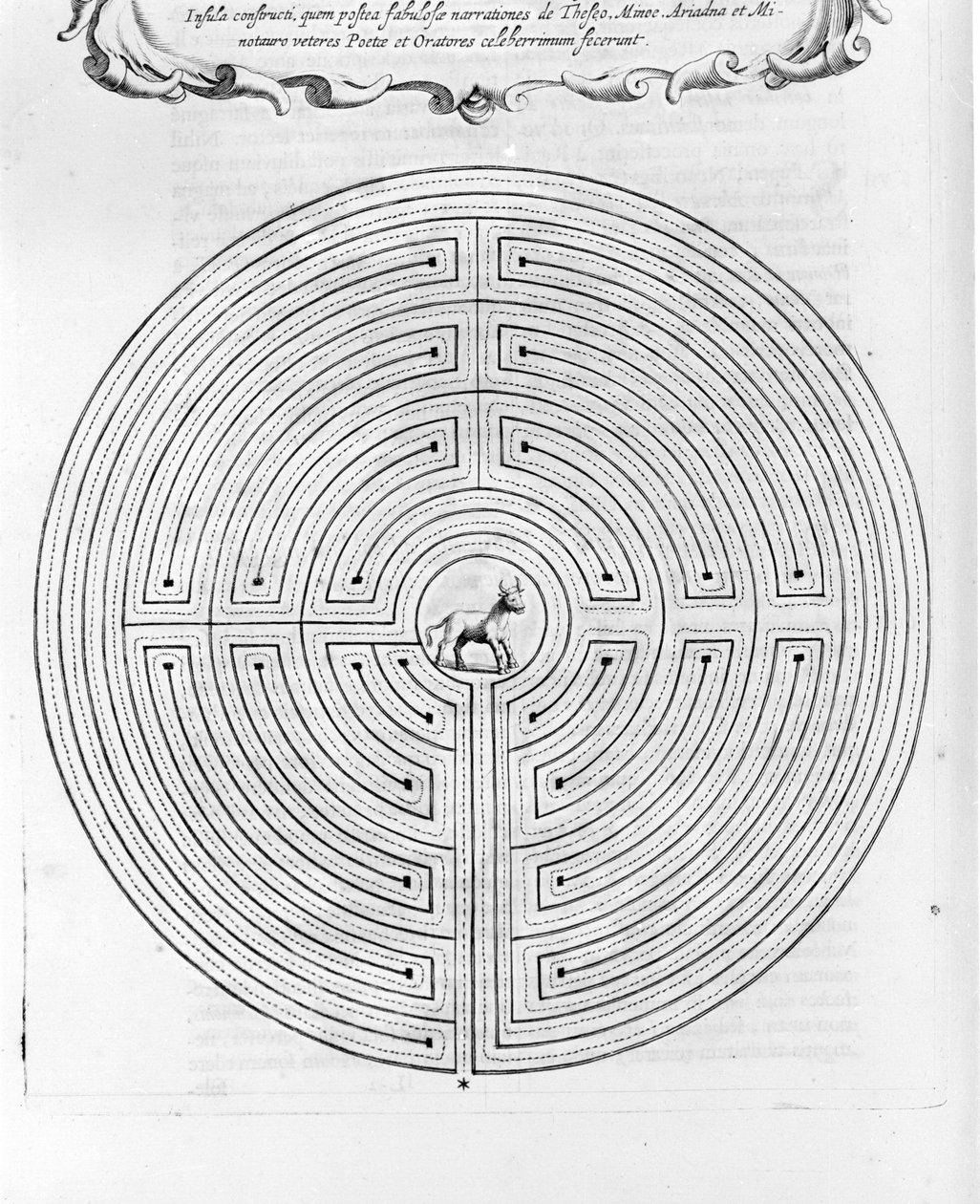 Labyrinten af Cnossos designet af Dedale - I midten er minotauren - "Turris Babel" af Athanase Kircher - Amsterdam af Athanasius Kircher