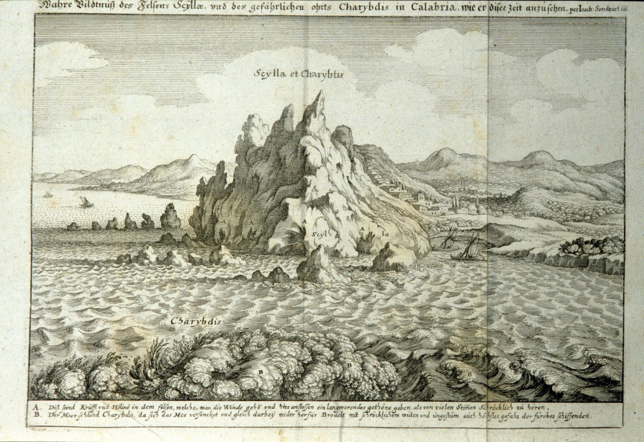 Udsigt over klipperne "" Charybde"" og "" Scylla"" i Detroit of Messina, Sicilien""" Gravering fra "" Mundus Subterraneus"" af Athanasius Kircher (1601-1680), jesuite, orientalist og lærd 1682 af Athanasius Kircher