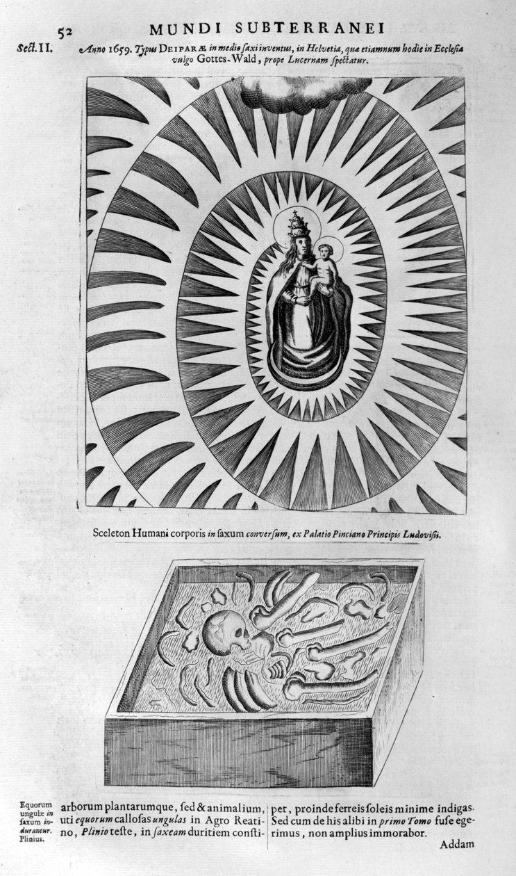Jomfru og barn og et menneskeligt skelet, 1678 af Athanasius Kircher