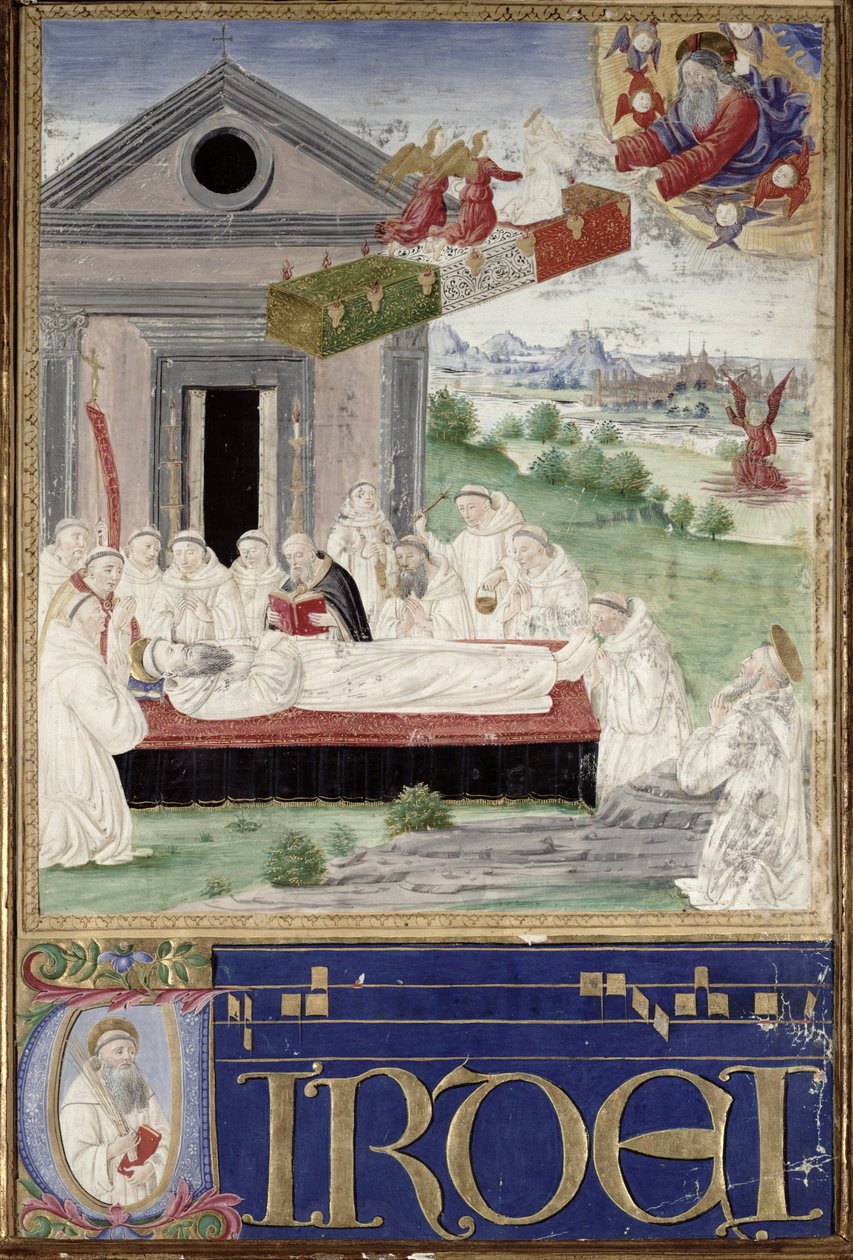 Begravelsen af St. Benedikt (480-527) med St. Romauld (ca. 951-1027) 1502 af Attavante di Gabriello di Vanti di Bartolo