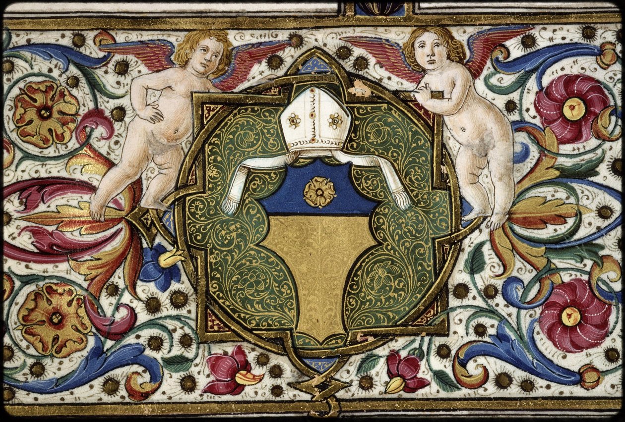 Missal af Thomas James: detalje af kommissærens våben, "Or, on a chief azure a rose Or". af Attavante degli Attavanti