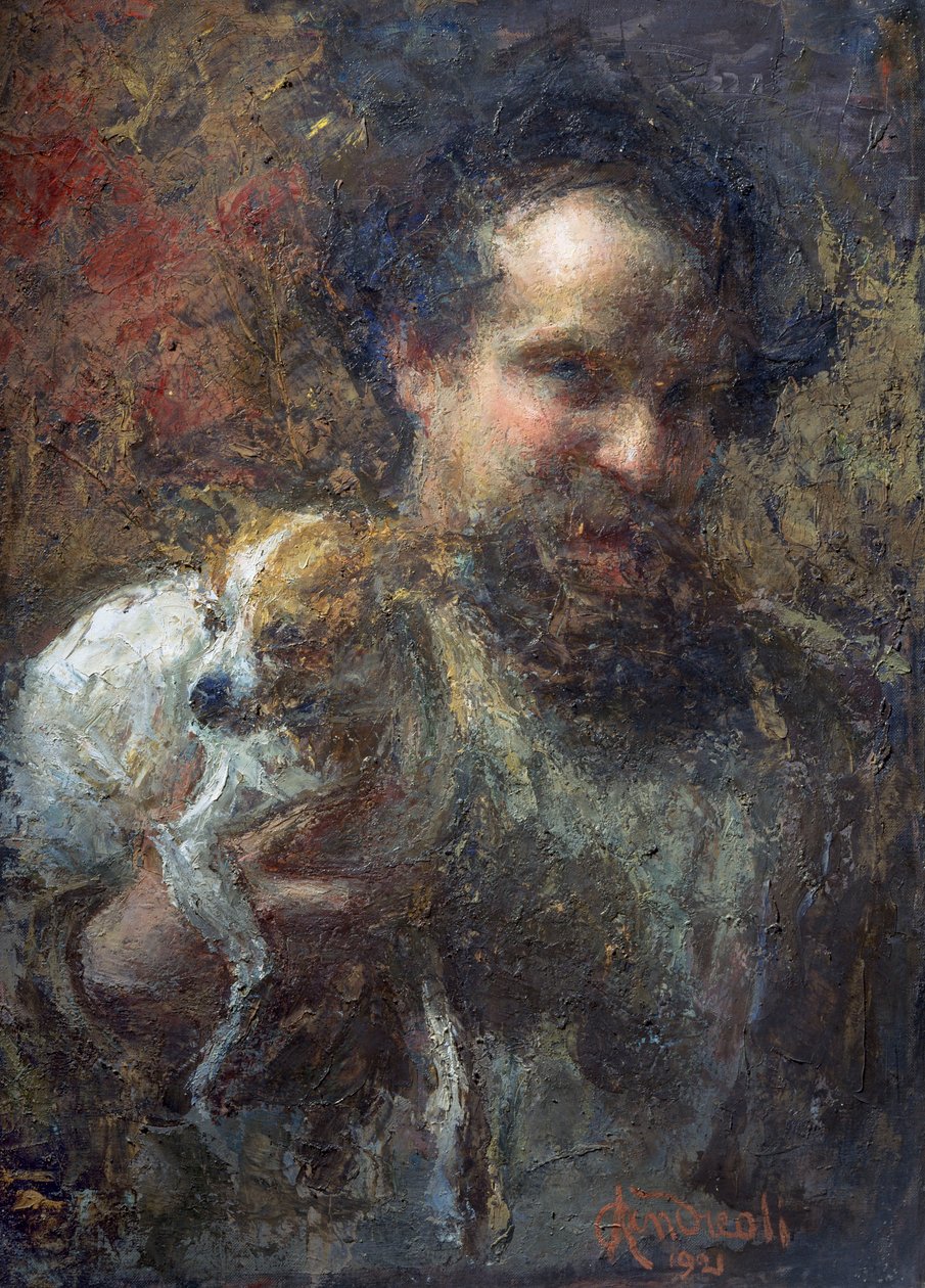 Attilio Andreoli selvportræt med hund (olie på lærred) af Attilio Andreoli