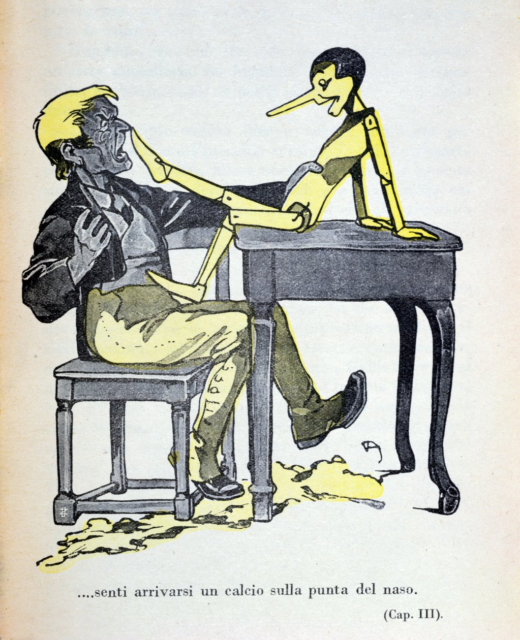 "Gepetto følte et spark på sin næsetip", illustration fra "Pinocchio" af Carlo Collodi (1826-90) udgivet af Bemporad i 1935 (farvestik) af Attilio Mussino