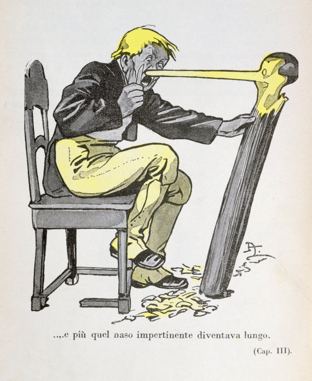 "Pinocchios næse begyndte at vokse, mens Gepetto fortsatte med at skære i hans figur", illustration fra "Pinocchio" af Carlo Collodi (1826-90) 1935 (farvelitografi) af Attilio Mussino