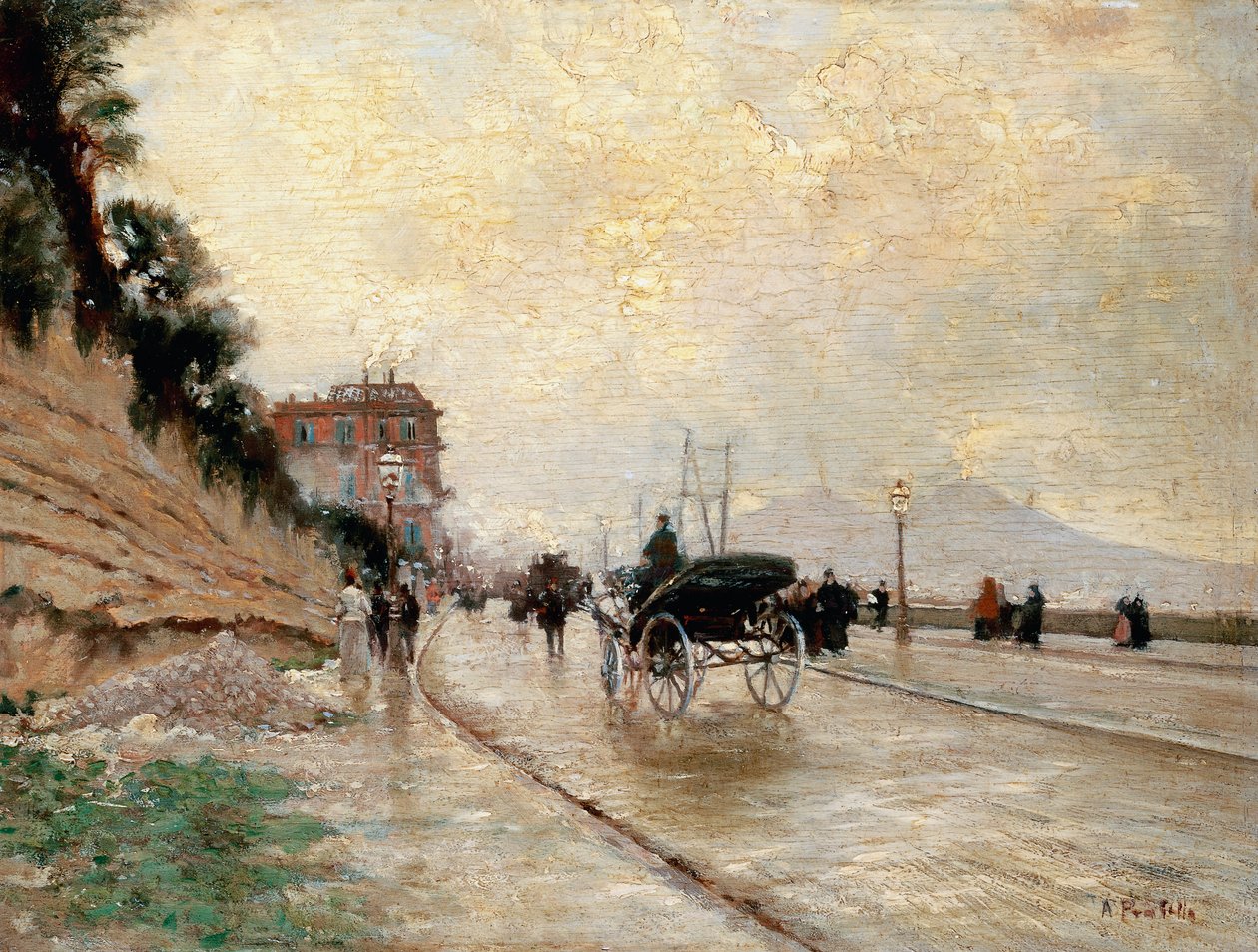 Vogn på promenaden i Napoli (olie på panel) af Attillo Pratella
