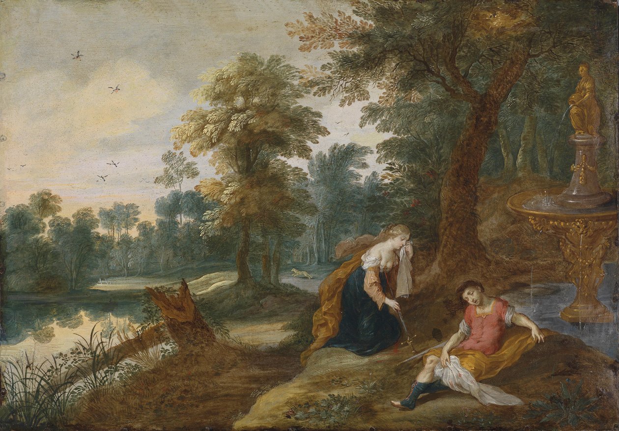 Et landskab med Pyramus og Thisbe af Attributed to Jasper van der Lanen  