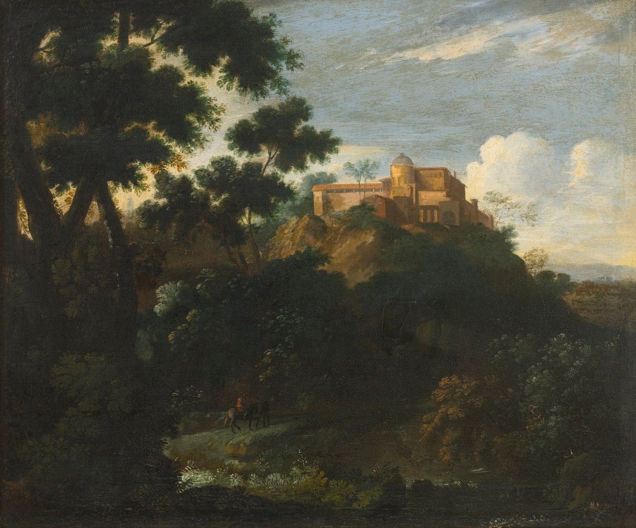 Skovklædt bjergrige landskab med rejsende på en bane, en villa derude af Jean Francois Millet