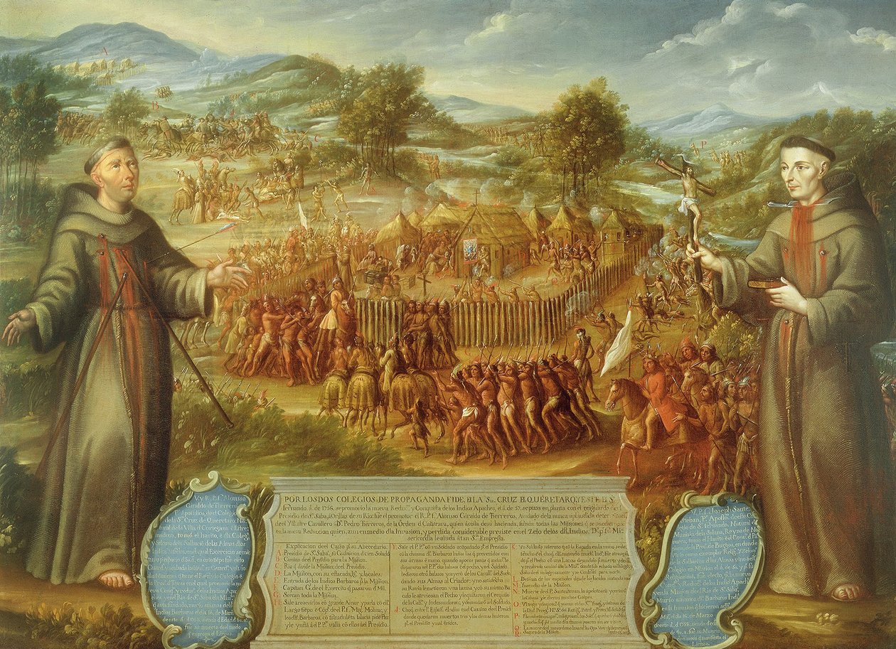 Ødelæggelsen af Saint Sabá -missionen i provinsen Texas og præsternes martyrium, ... af Jose de or Joseph Paez