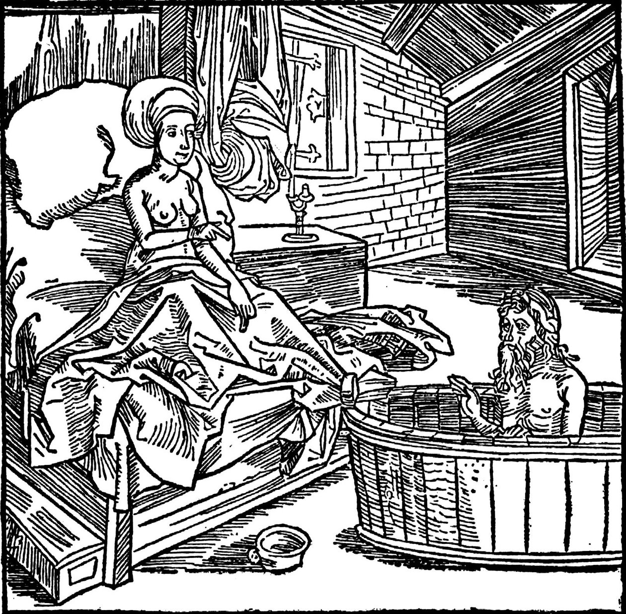 Kvinden og den badende eremit. af attributed to Albrecht Dürer
