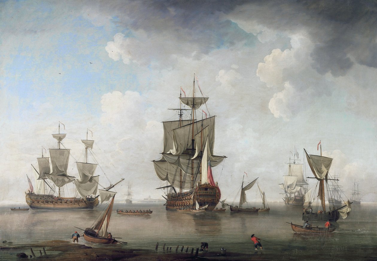 Krigsmænd i havnen af attributed to Charles Brooking