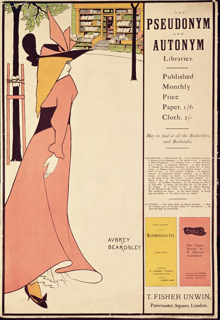 Plakat for "The Pseudonym and Autonym Libraries", udgivet af T. Fisher Urwin, 1894 (se også 61991) af Aubrey Beardsley