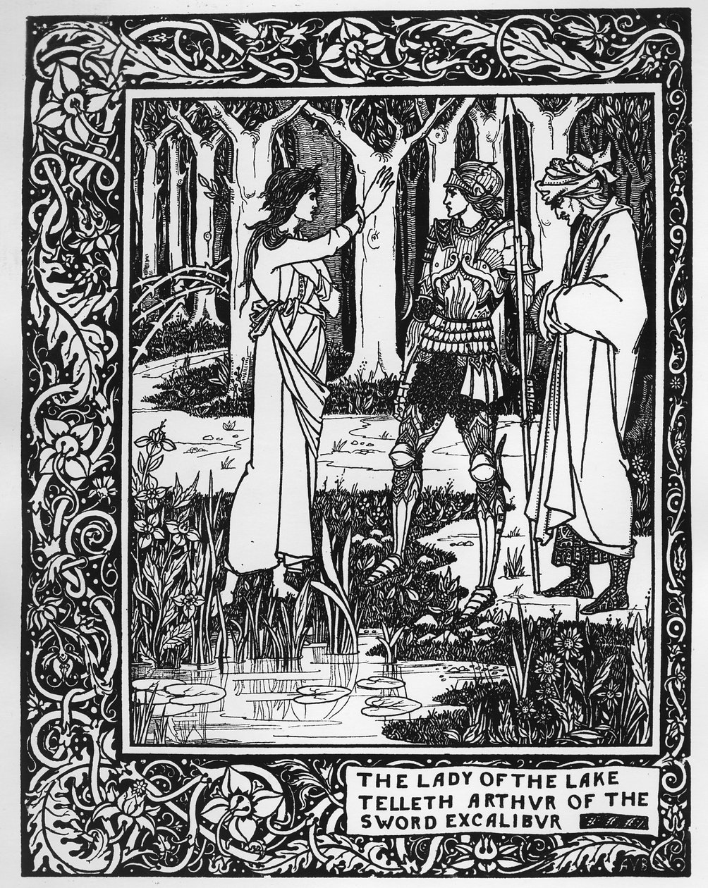 The Lady of the Lake fortæller Arthur om sværdet Excalibur, illustration fra 