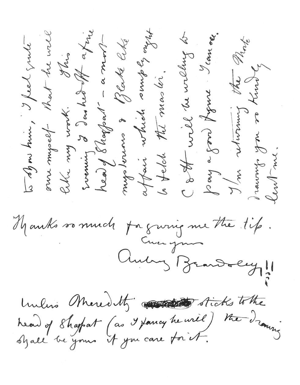 2. side af autografbrev til Frederick Evans, ca. 1893 af Aubrey Beardsley