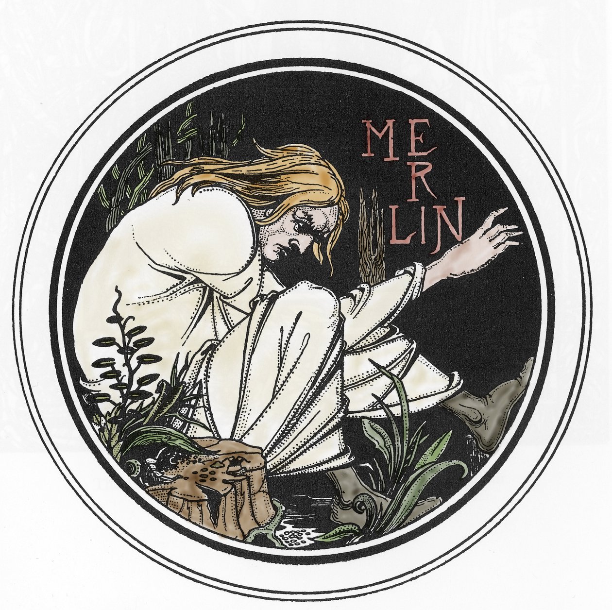 Arthur-legende: "Merlin the Enchanter"" Indgravering i "The Morte of Arthur" af Sir Thomas Malory, udgave illustreret af Aubrey Beardsley (1872-1898) 1893-1894 (Arthurisk legende: Merlin the Wizard, illustration af Aubrey Beardssley i 