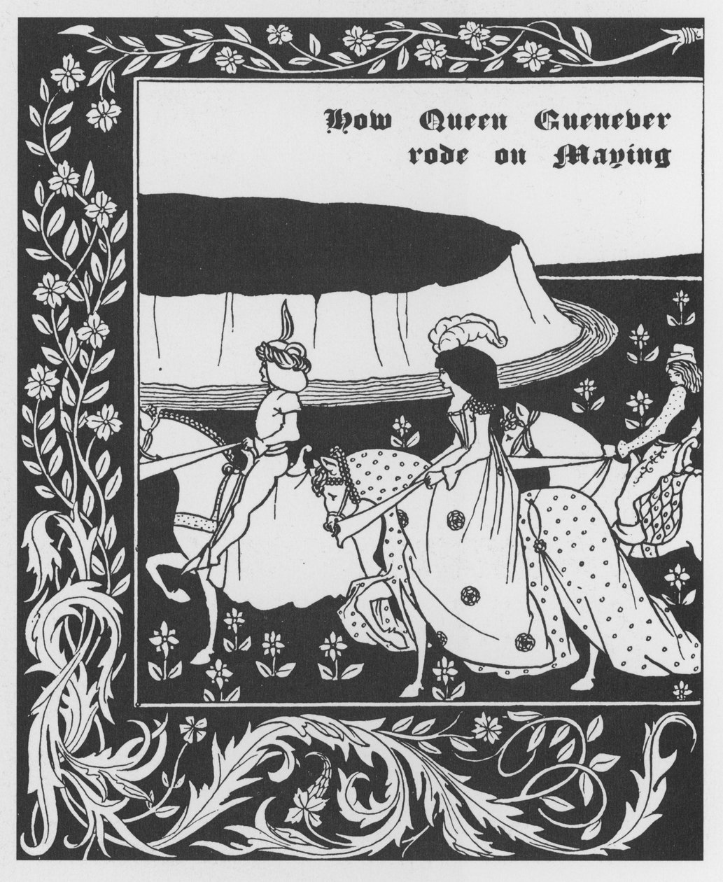 Arthurian Legend: "" Queen Guenievre Queen of May"" Indgravering i "" The Morte of Arthur"" af Sir Thomas Malory, udgave illustreret af Aubrey Beardsley (1872-1898) 1893-1894 (Arthurisk legende: dronning Guenever (Guinevere) maying , illustration af Aubrey af Aubrey Beardsley