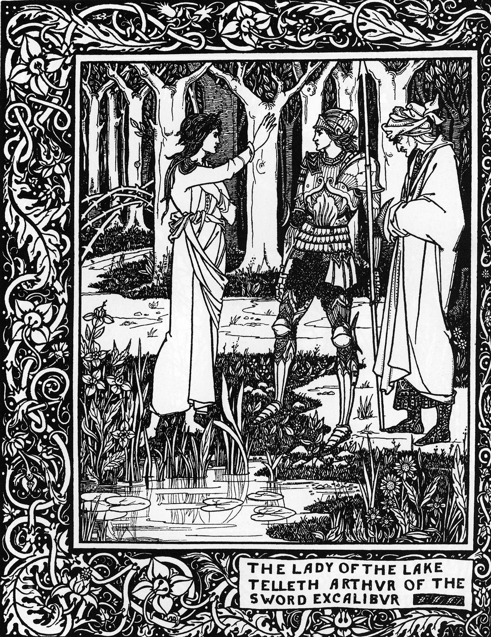 Arthuriansk legende: "The Lady of the Lake (Vivian gebyr) lærer Arthur eksistensen af Excalibur epee"" Indgravering i "Le Morte d