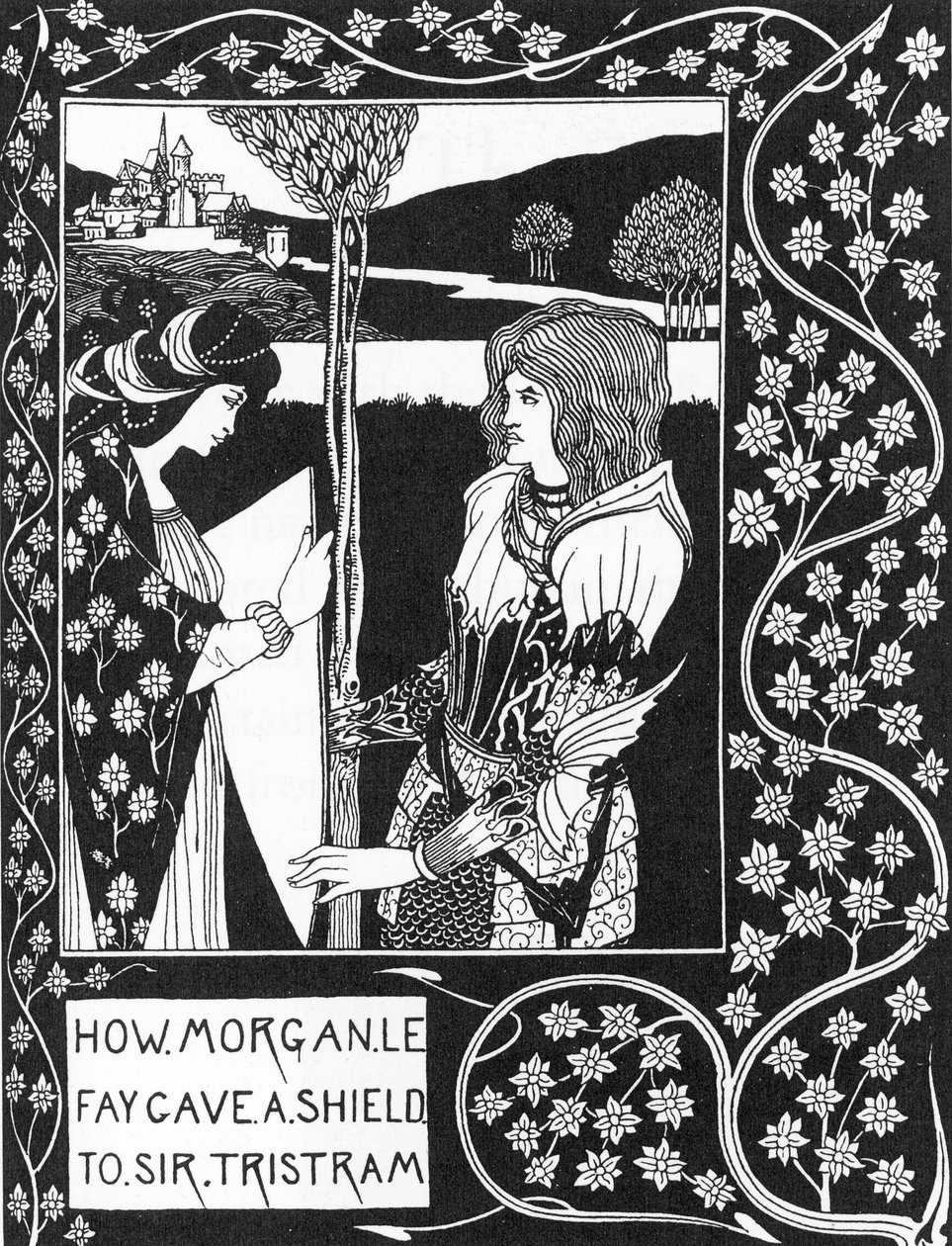 Arthurian Legend: "" Gebyret Morgane giver et skjold til Tristan""" Indgravering i "Historien om Tristan og hans eventyr, som inkluderer hans kærlighedshistorie med Isolde"" "The Morte of Arthur"" af Sir Thomas Malory, udgave illustreret af Aubrey gav Bear af Aubrey Beardsley