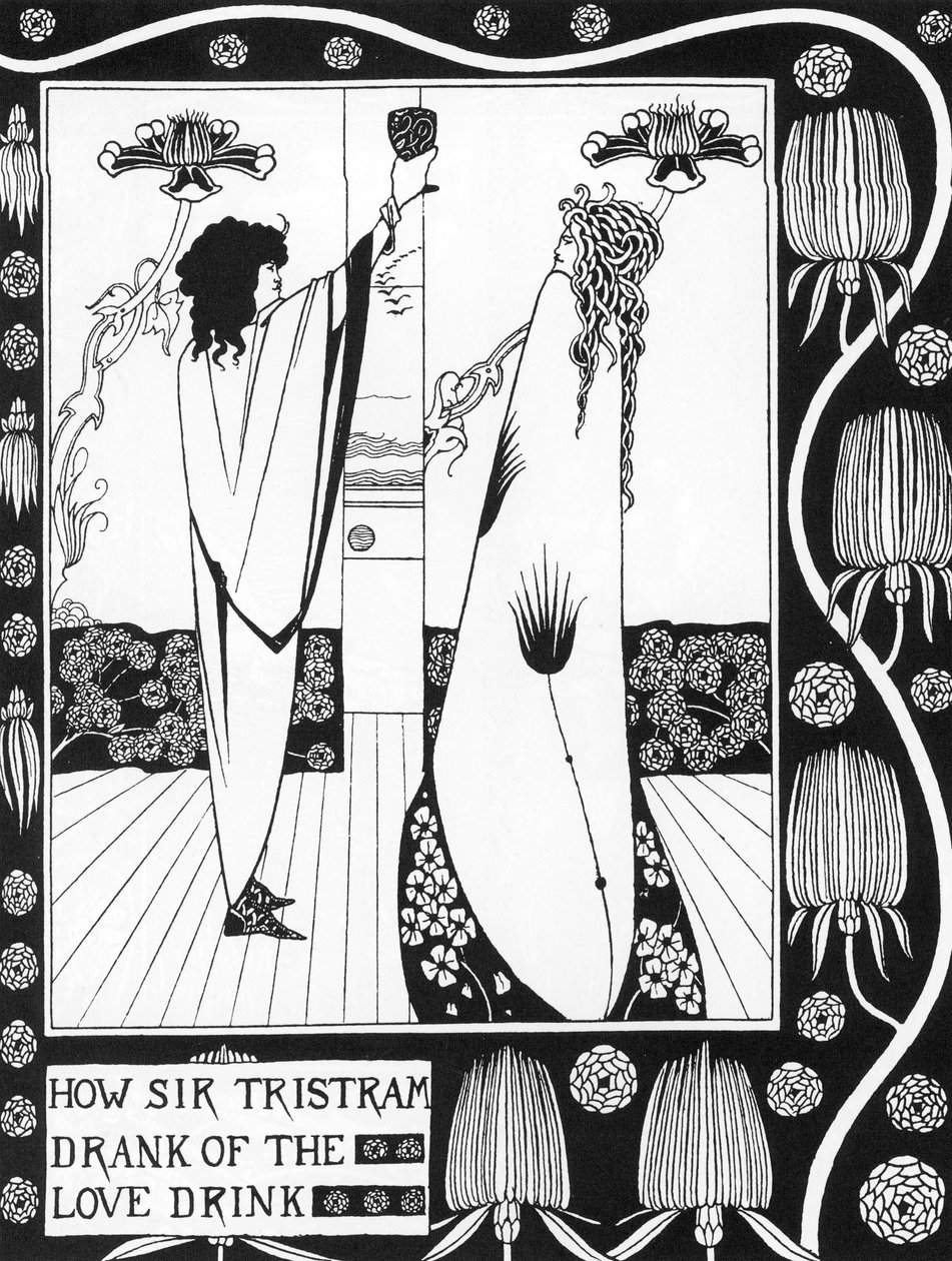Arthurian Legend: "" Tristan drinking the love philtre""" Indgravering i "" Historien om Tristan og hans eventyr, som inkluderer hans kærlighedshistorie med Isolde"""" fra Sir Thomas Malory, udgave illustreret af Aubrey Beardsley (1872-1898) ) 1893-1894 (A af Aubrey Beardsley