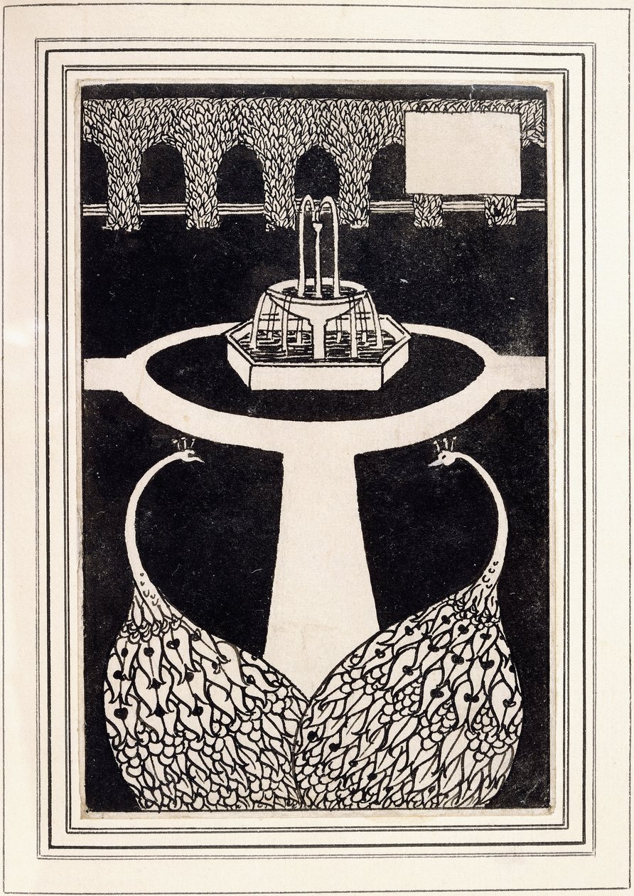 Chapter heading depicting two peacocks in a garden with a fountain, c.1893 / 4dani af Aubrey Beardsley