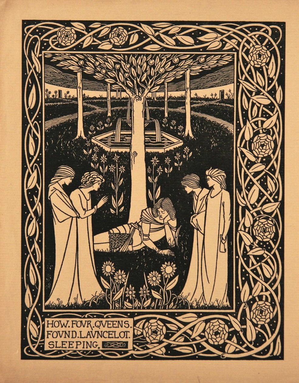 Hvordan fire dronninger fandt Lancelot sovende. Illustration til bogen Le Morte dArthur af Sir Thomas af Aubrey Beardsley