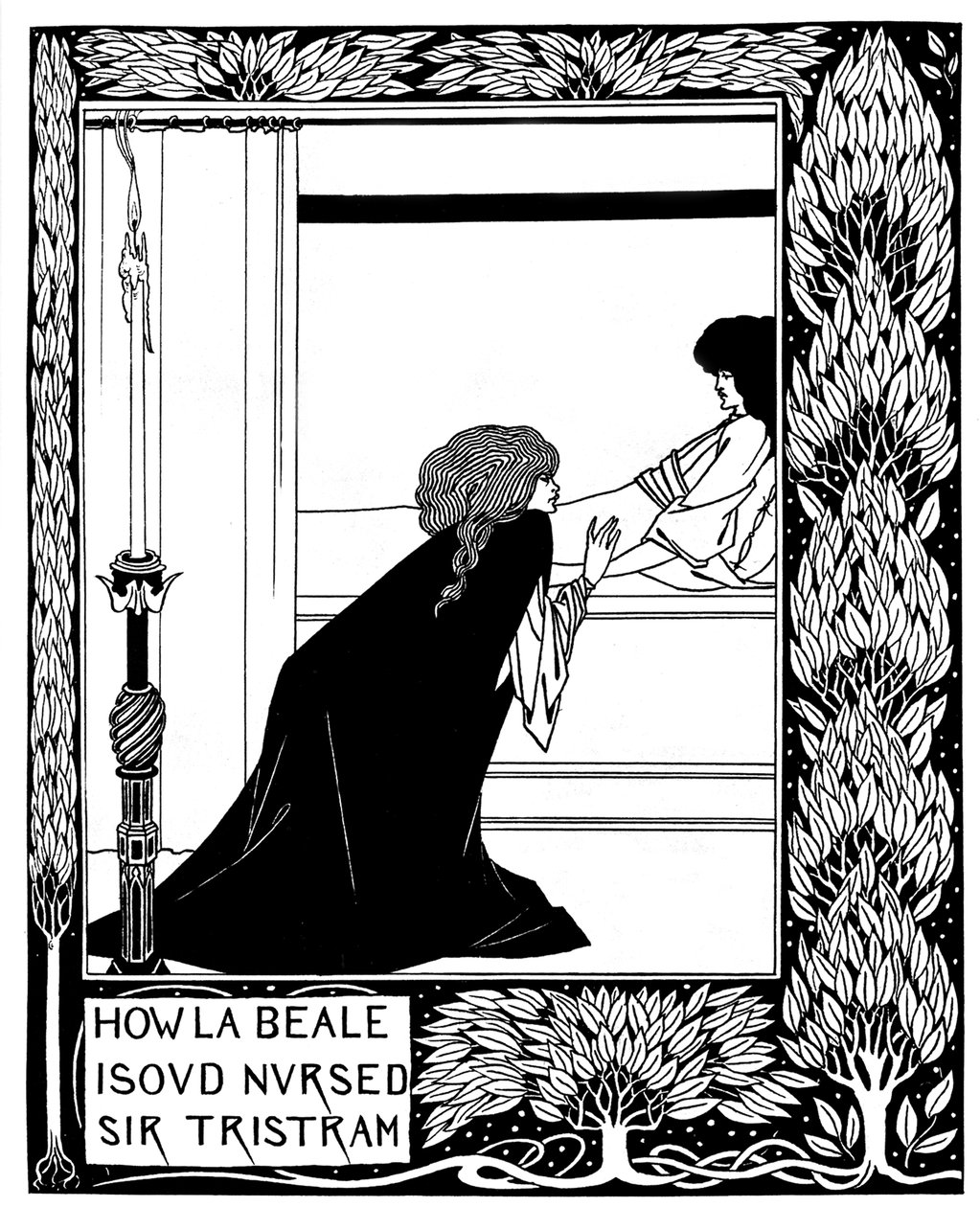 Hvordan La Beale Isoud plejede Sir Tristram. Illustration til bogen Le Morte dArthur af Sir Thomas M af Aubrey Beardsley