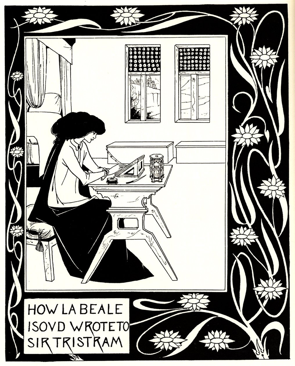 Hvordan La Beale Isoud skrev til Sir Tristram. Illustration til bogen Le Morte dArthur af Sir Thomas af Aubrey Beardsley