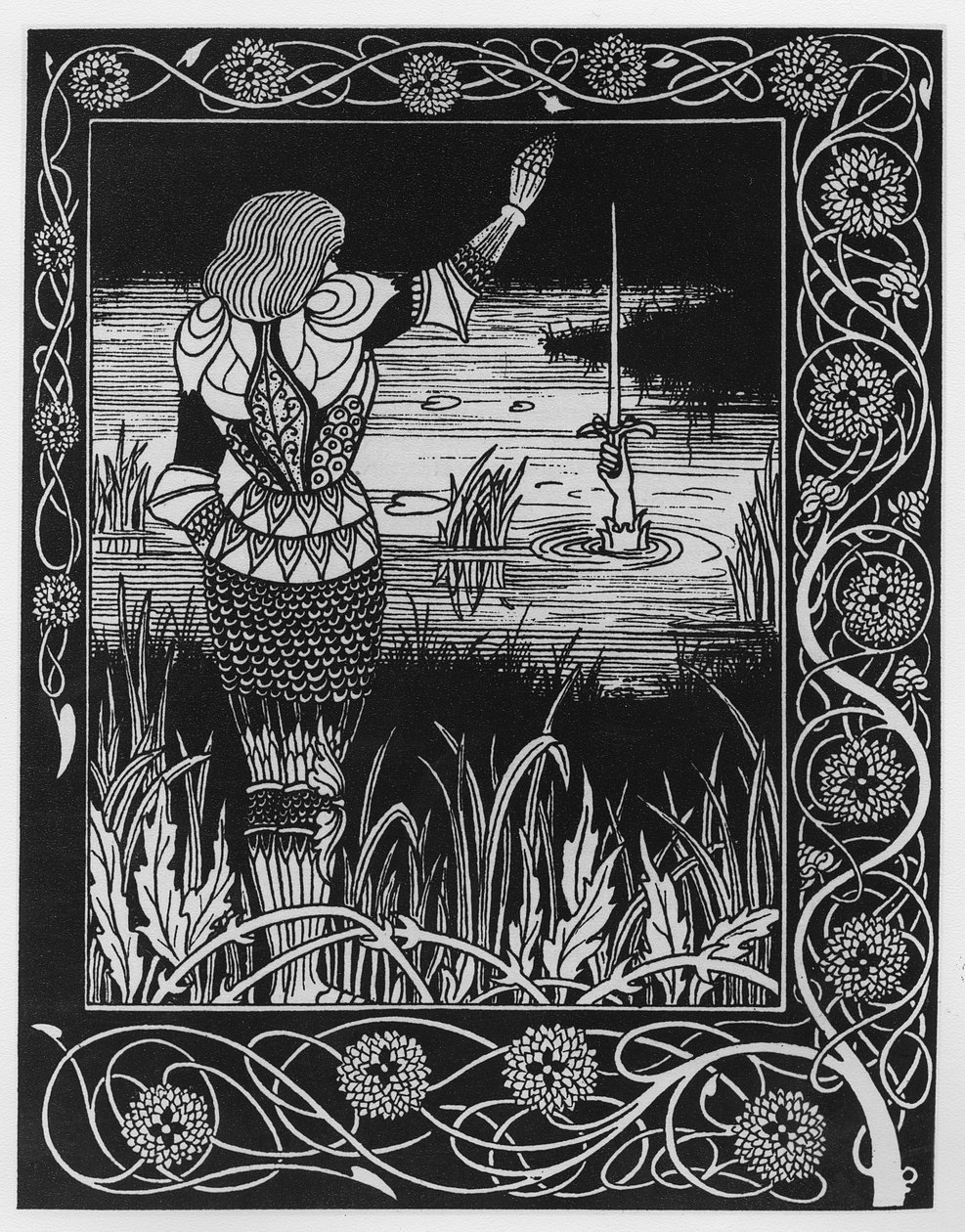 Hvordan Sir Bedivere kaster sværdet Excalibur i vandet, en illustration fra 