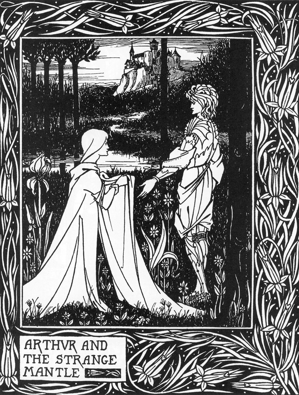 Kong Arthur modtager besøg af en ung pige sendt af gebyret Morgane (Kong Arthur og den mærkelige kappe sendt af Morgan den fay) Illustration af Aubrey Beardsley (1872-1898) fra Thomas Malorys "The Death of Arthur" af Aubrey Beardsley
