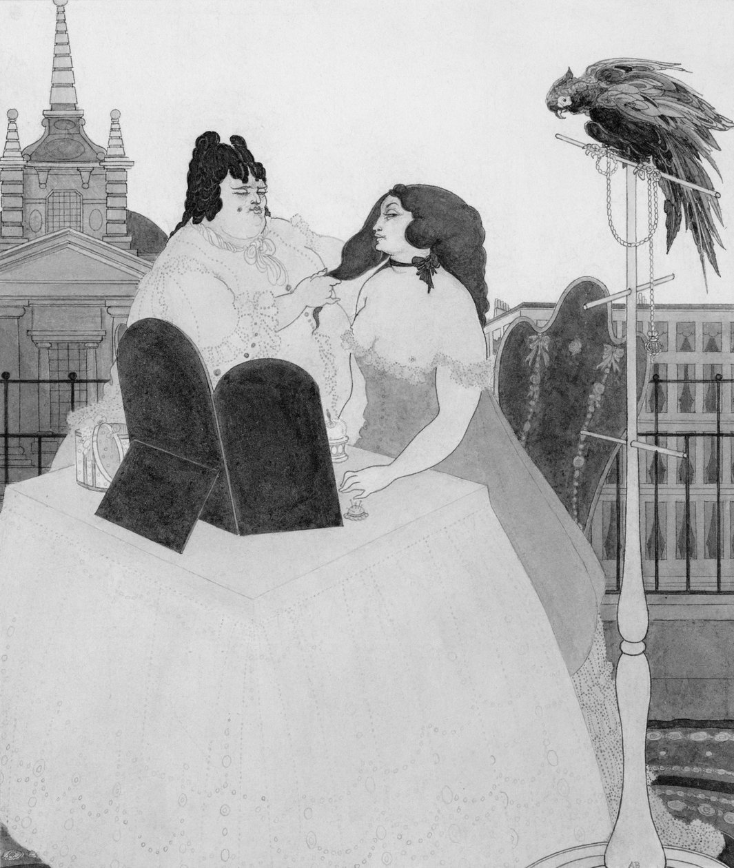 Damen ved sminkebordet (blæk og vask) af Aubrey Beardsley