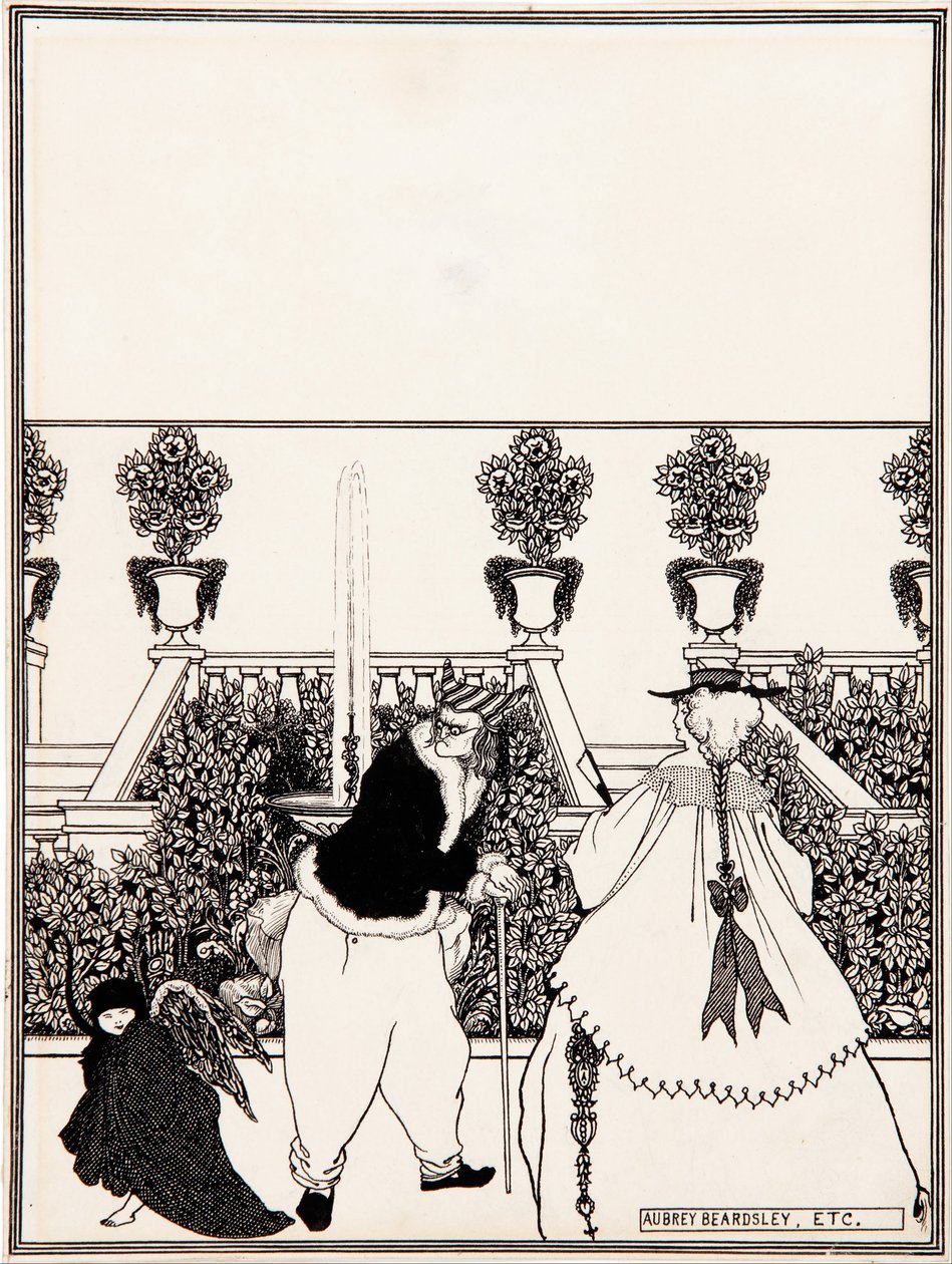 Fordrivelsen af Amor fra haven, forberedende tegning til omslagsdesignet for «The Savoy», nr. 3, juli 1896 af Aubrey Beardsley